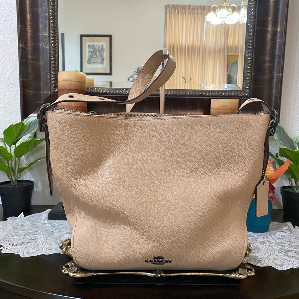 COACH Tan Natural Calf Leather Dufflette Crossbody Bag,Dark Nickel Tone hardware